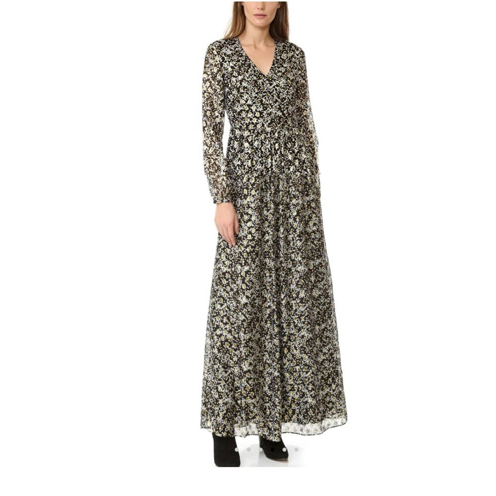 SCOTCH AND SODA Silk Soiree Jacquard Maxi Dress Womens 2 Black Gold Long Sleeve